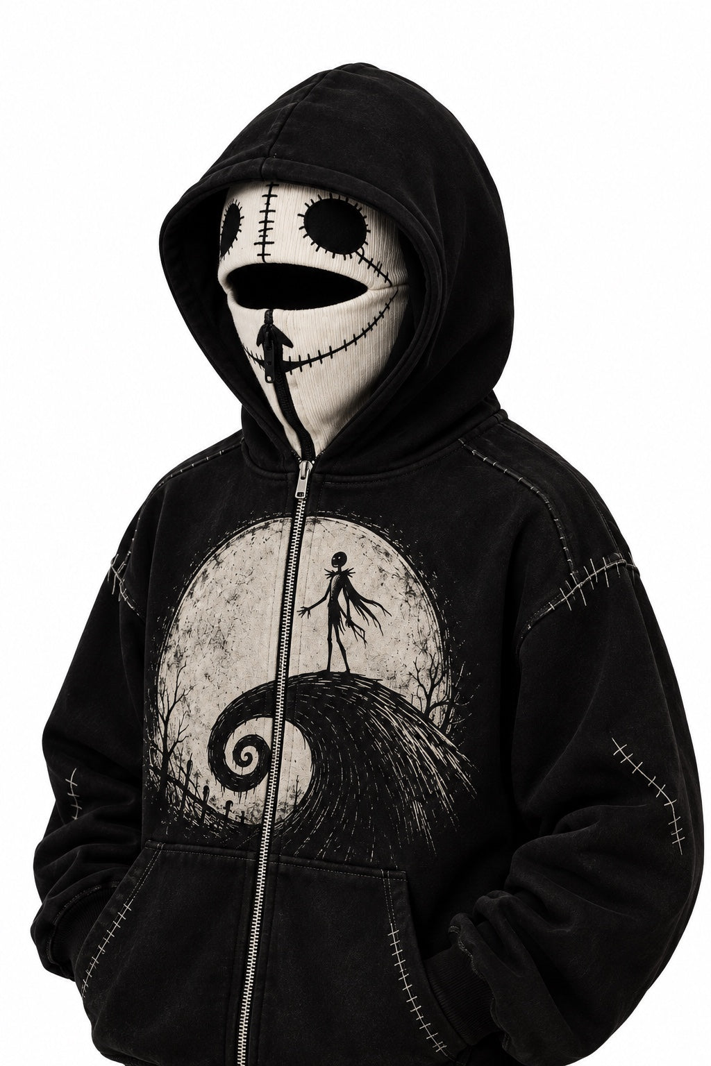 Nightmare Hoodie side angle with mask and printed chest